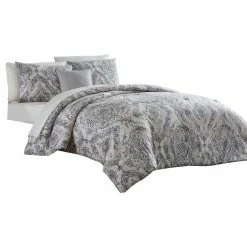 Lance 8- Piece White and Gray Damask Print Microfiber Queen Bed Comforter Set by Benjara