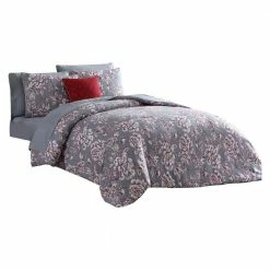 Tyler 8- Piece Gray Floral Print Microfiber Queen Bed Comforter Set by Benjara