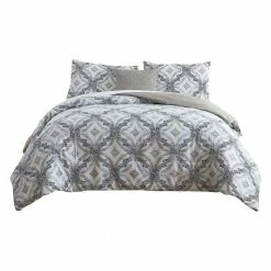 Owen 8- Piece White and Gray Quatrefoil Print Microfiber Queen Bed Comforter Set by Benjara -Better Trends Sales Store benjara bedding sets bm277015 31 1000
