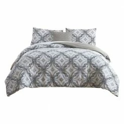 Owen 8- Piece White and Gray Quatrefoil Print Microfiber Queen Bed Comforter Set by Benjara