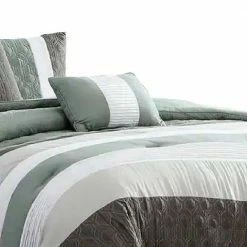 Owen 5- Piece White Green and Gray Striped Microfiber Queen Comforter Set by Benjara -Better Trends Sales Store benjara bedding sets bm277106 4f 1000