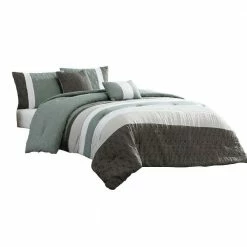 Owen 5- Piece White Green and Gray Striped Microfiber Queen Comforter Set by Benjara