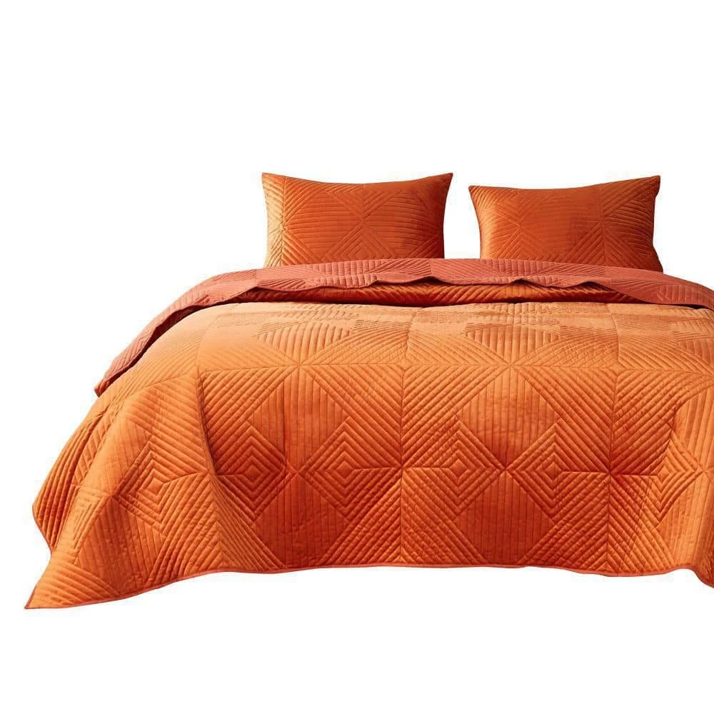 Ahab 2-Piece Orange Diamond Quilting Design Velvet Twin Quilt Set by Benjara 3 Ahab 2-Piece Orange Diamond Quilting Design Velvet Twin Quilt Set by Benjara