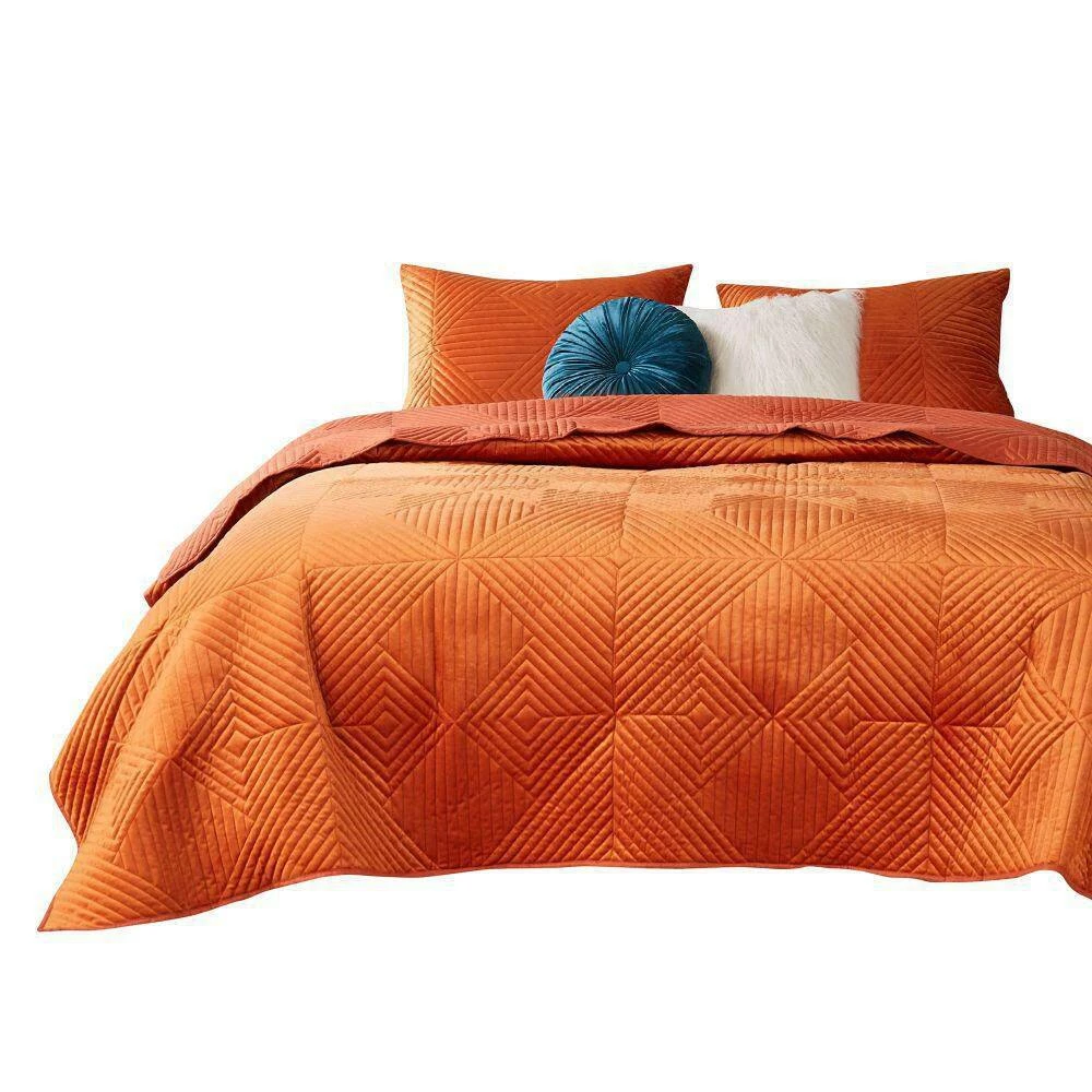 Ahab 2-Piece Orange Diamond Quilting Design Velvet Twin Quilt Set by Benjara 4 Ahab 2-Piece Orange Diamond Quilting Design Velvet Twin Quilt Set by Benjara - Image 2