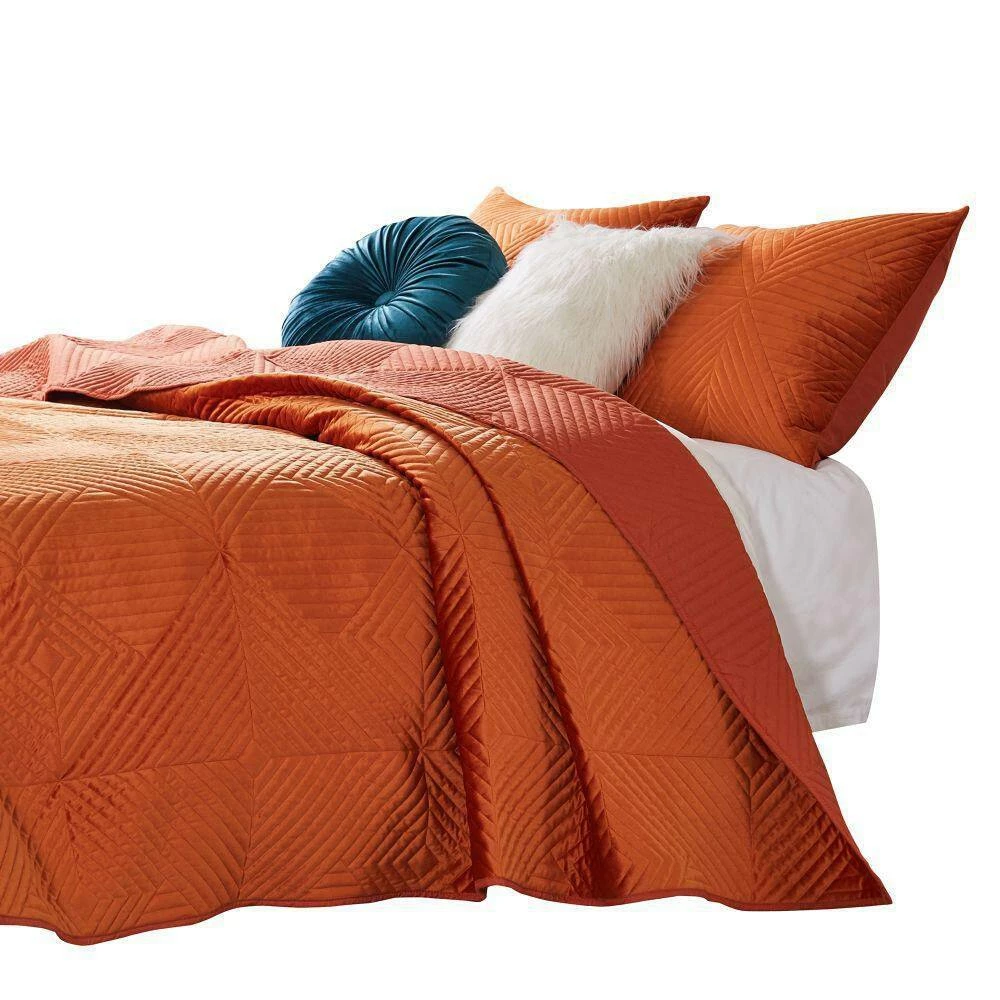 Ahab 3-Piece Orange Diamond Quilting Design Velvet King Quilt Set by Benjara 8 Ahab 3-Piece Orange Diamond Quilting Design Velvet King Quilt Set by Benjara - Image 6