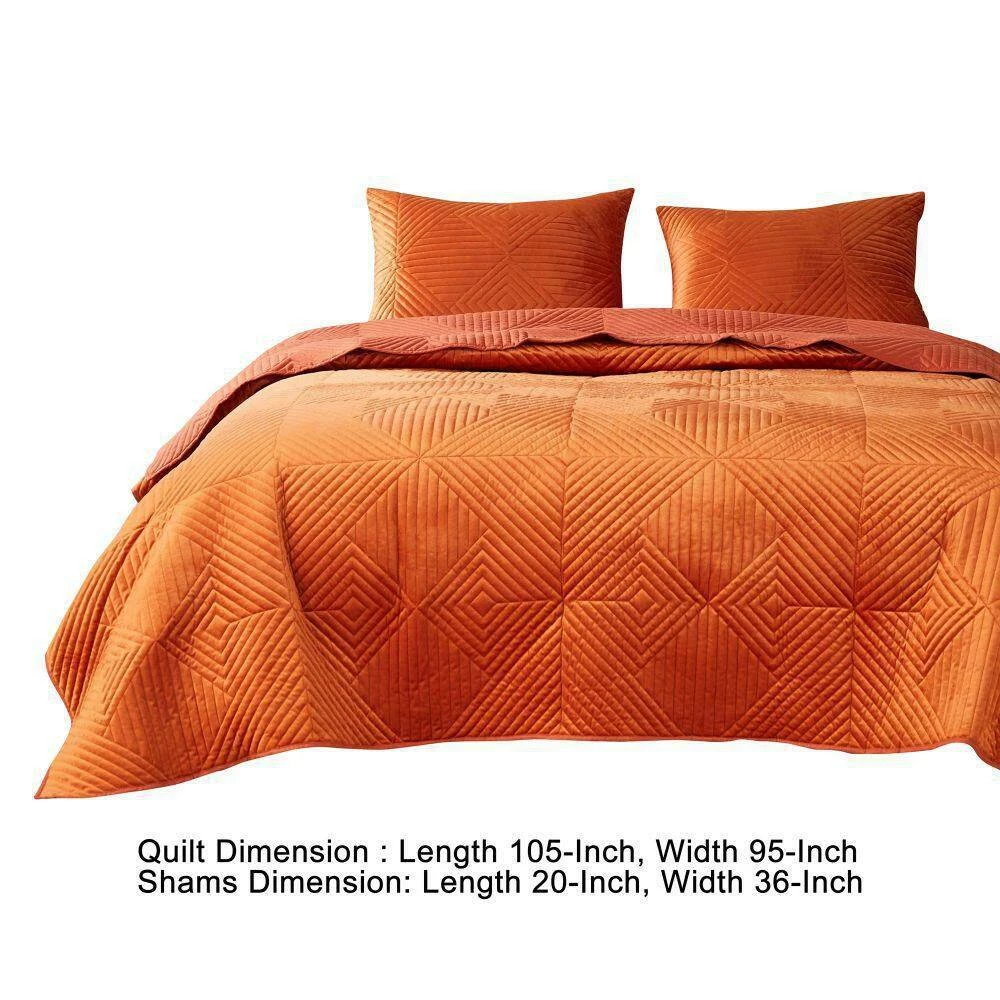 Ahab 3-Piece Orange Diamond Quilting Design Velvet King Quilt Set by Benjara 7 Ahab 3-Piece Orange Diamond Quilting Design Velvet King Quilt Set by Benjara - Image 5