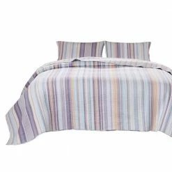 Ysa 3-Piece Multi-Color Pastel Striped Soft Cotton Queen Quilt Set by Benjara