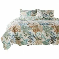 Wade 4-Piece Multi-Color Floral Pattern Ocean Design Microfiber Twin Quilt Set with Scalloped Edges by Benjara -Better Trends Sales Store benjara bedding sets bm281991 c3 1000
