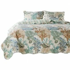 Wade 5-Piece Multi-Color Floral Pattern Microfiber Full Quilt Set with Ocean Design and Scalloped Edges by Benjara -Better Trends Sales Store benjara bedding sets bm281992 31 1000