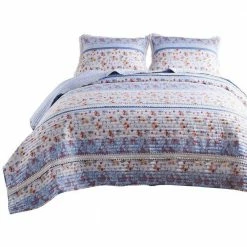 Joa 3-Piece Multi-Color Lace Trim Floral Print Microfiber Queen Quilt Set by Benjara