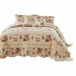 Rosle Cream and Pink Floral Print King Size Cotton Bedspread Set by Benjara -Better Trends Sales Store benjara quilts bm281989 1f 1000