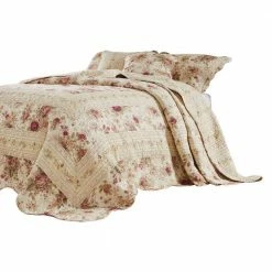 Rosle Cream and Pink Floral Print King Size Cotton Bedspread Set by Benjara