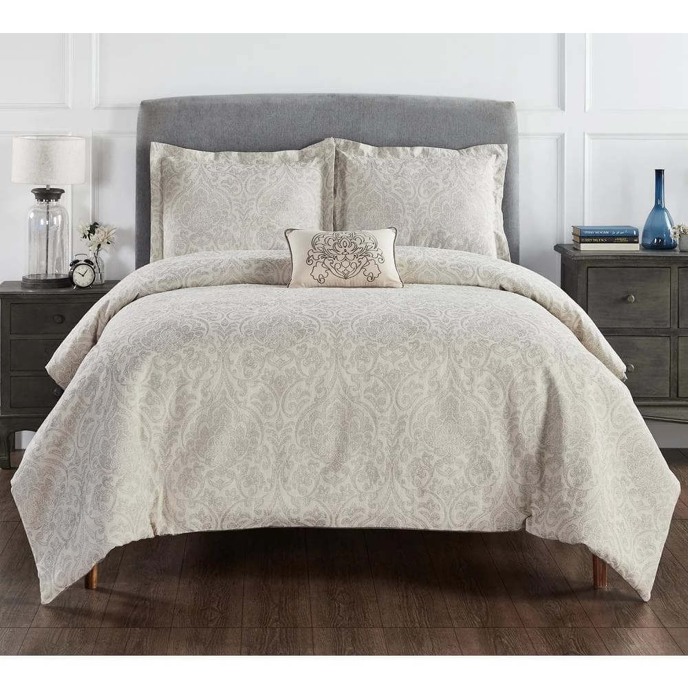 Haven Damask Comforter 4-Piece Gray Queen 100% Cotton Jacquard Weave with a Floral Pattern Comforter Set by Better Trends 3 Haven Damask Comforter 4-Piece Gray Queen 100% Cotton Jacquard Weave with a Floral Pattern Comforter Set by Better Trends