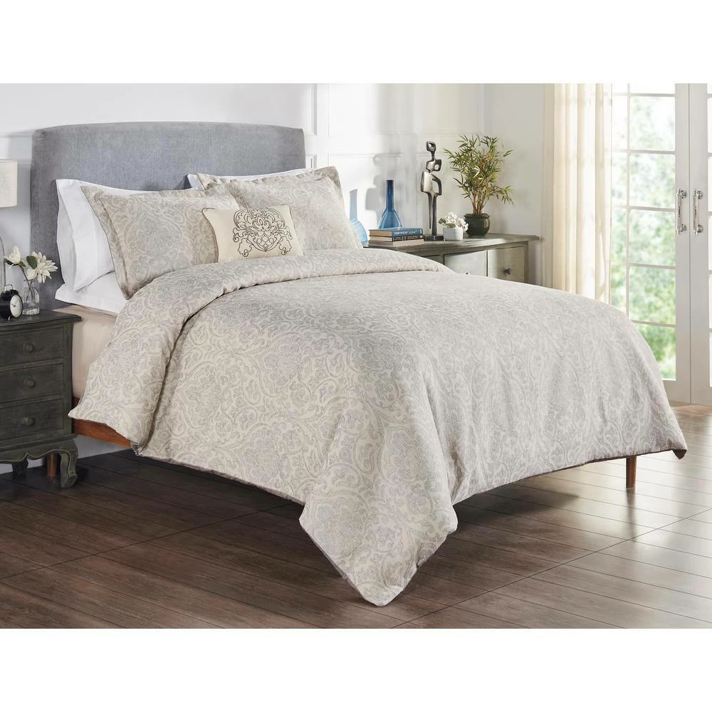 Haven Damask Comforter 4-Piece Gray Queen 100% Cotton Jacquard Weave with a Floral Pattern Comforter Set by Better Trends 4 Haven Damask Comforter 4-Piece Gray Queen 100% Cotton Jacquard Weave with a Floral Pattern Comforter Set by Better Trends - Image 2