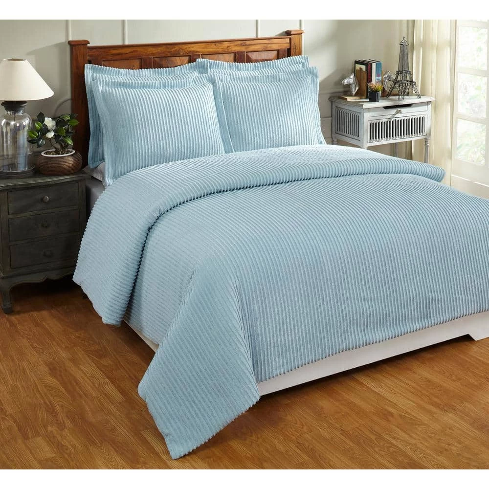 Julian Comforter 2-Piece Blue Twin 100% Cotton Tufted Chenille Solid Stripes Design Comforter Set by Better Trends 3 Julian Comforter 2-Piece Blue Twin 100% Cotton Tufted Chenille Solid Stripes Design Comforter Set by Better Trends
