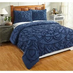 Cleo Comforter 3-Piece Floral Design Navy Full/Queen 100% Cotton Tufted Chenille Comforter Set by Better Trends