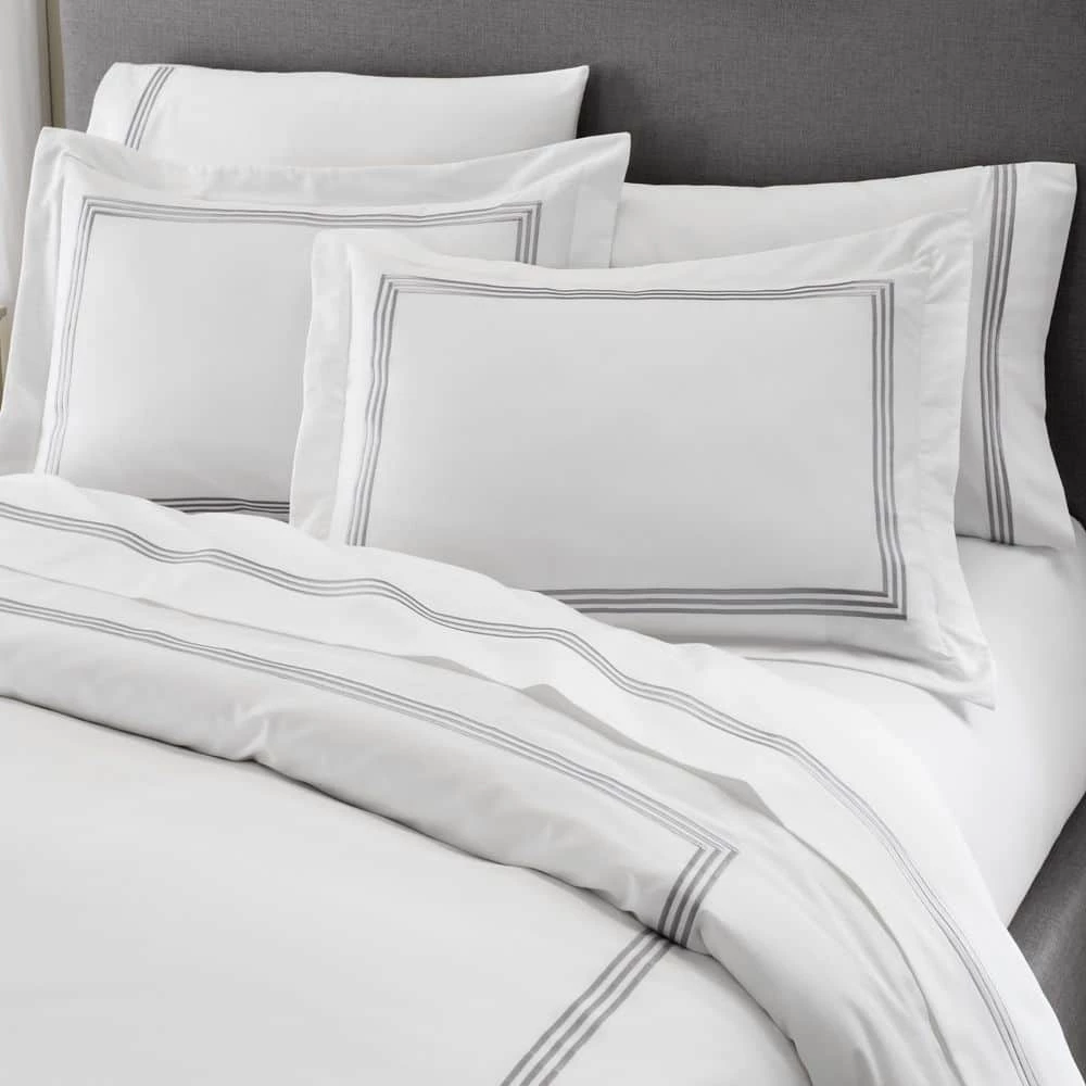 Maren 3-Piece White and Stone Gray Hotel Embroidered Border Cotton Full Duvet Cover Set by Home Decorators Collection 3 Maren 3-Piece White and Stone Gray Hotel Embroidered Border Cotton Full Duvet Cover Set by Home Decorators Collection - Image 2