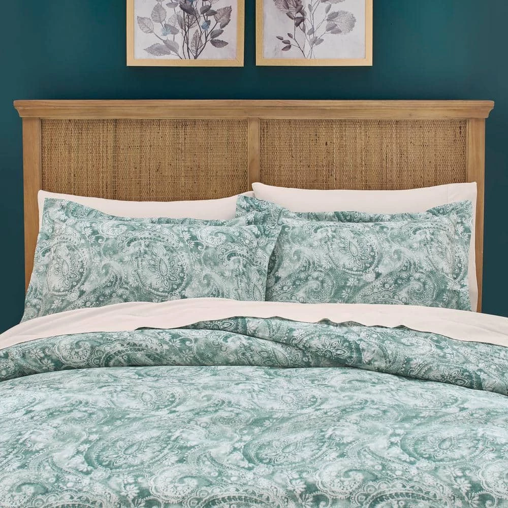 Isabel 3-Piece Teal Boho Paisley Floral Cotton Sateen King Duvet Cover Set by Home Decorators Collection 4 Isabel 3-Piece Teal Boho Paisley Floral Cotton Sateen King Duvet Cover Set by Home Decorators Collection - Image 2