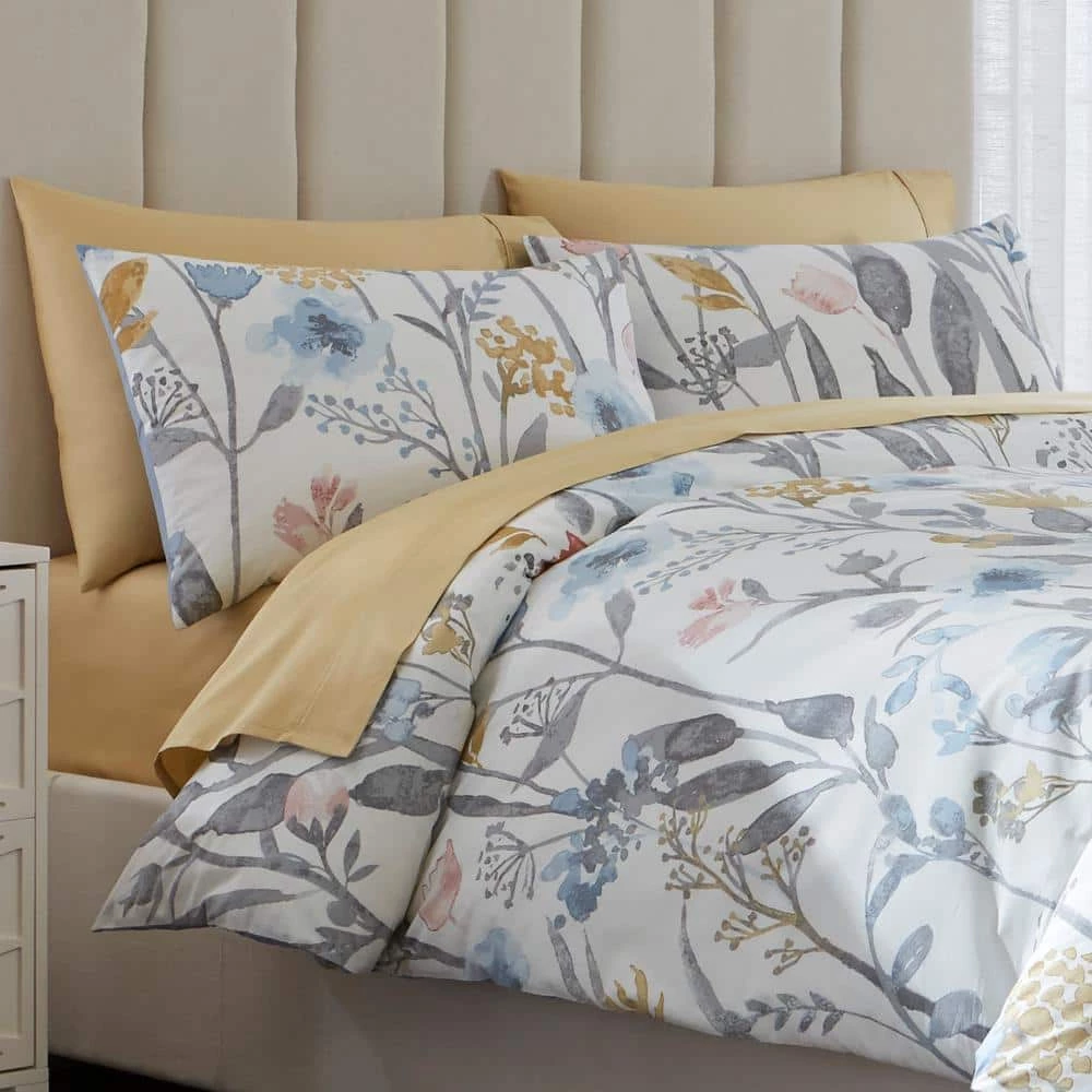 Purcell 3-Piece Washed Denim Botanical King Duvet Cover Set by Home Decorators Collection 4 Purcell 3-Piece Washed Denim Botanical King Duvet Cover Set by Home Decorators Collection - Image 2