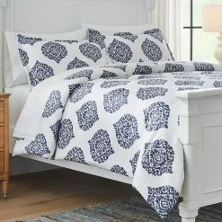 Lenora 3-Piece Blue and White Medallion Sateen King Comforter Set by Home Decorators Collection