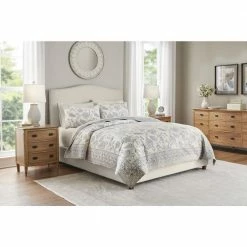 3-Piece Lake Blue Floral Tonal Block Print Cotton Full/Queen Quilt Set by Home Decorators Collection -Better Trends Sales Store home decorators collection bedding sets phc 140 22 40 1000