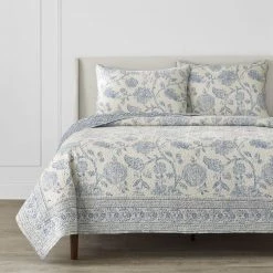 3-Piece Lake Blue Floral Tonal Block Print Cotton Full/Queen Quilt Set by Home Decorators Collection