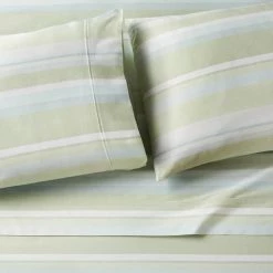 300 Thread Count Cotton Sateen Green and Blue Stripe 4-Piece Full Printed Sheet Set by Home Decorators Collection