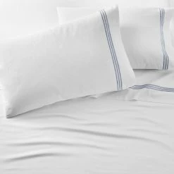 300 Thread Count Cotton White and Steel Blue Hotel Embroidered Border 4-Piece California King Sheet Set by Home Decorators Collection -Better Trends Sales Store home decorators collection sheet sets sb ck sht 40 1000