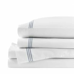 300 Thread Count Cotton White and Steel Blue Hotel Embroidered Border 4-Piece California King Sheet Set by Home Decorators Collection